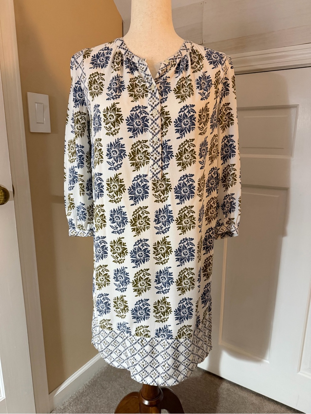 LOFT White Shift Dress with Blue and Olive Floral Motif